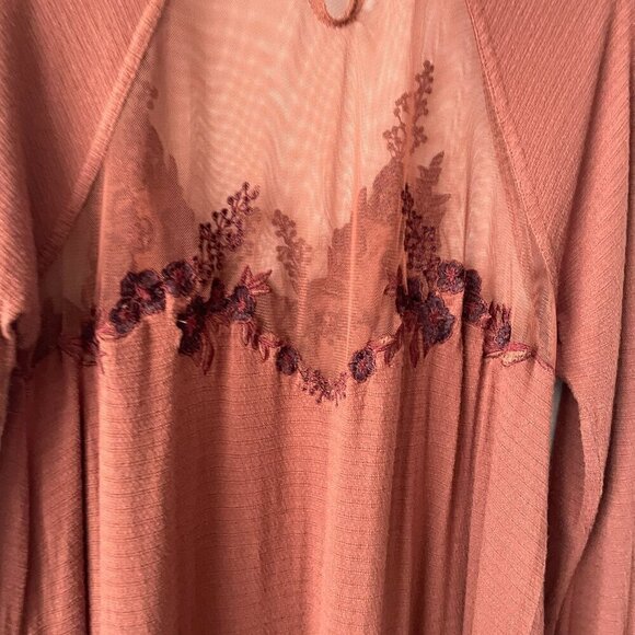 Free People Saheli Long Sleeve Sheer Yoke Embroidered Casual Blouse Brown XS - Picture 4 of 8